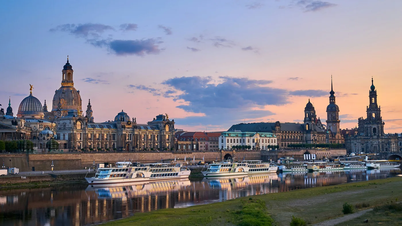 Dresden skyline on the river Elbe at dusk