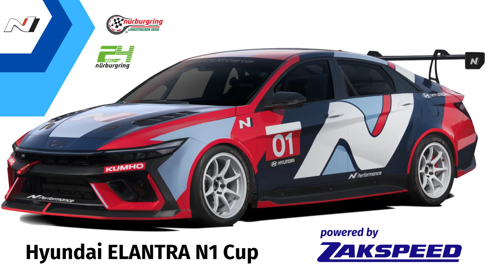 Hyundai Elantra N1 Cup powered by Zakspeed: race car with Nürburgring Langstrecken-Serie and ADAC 24h Nürburgring logos