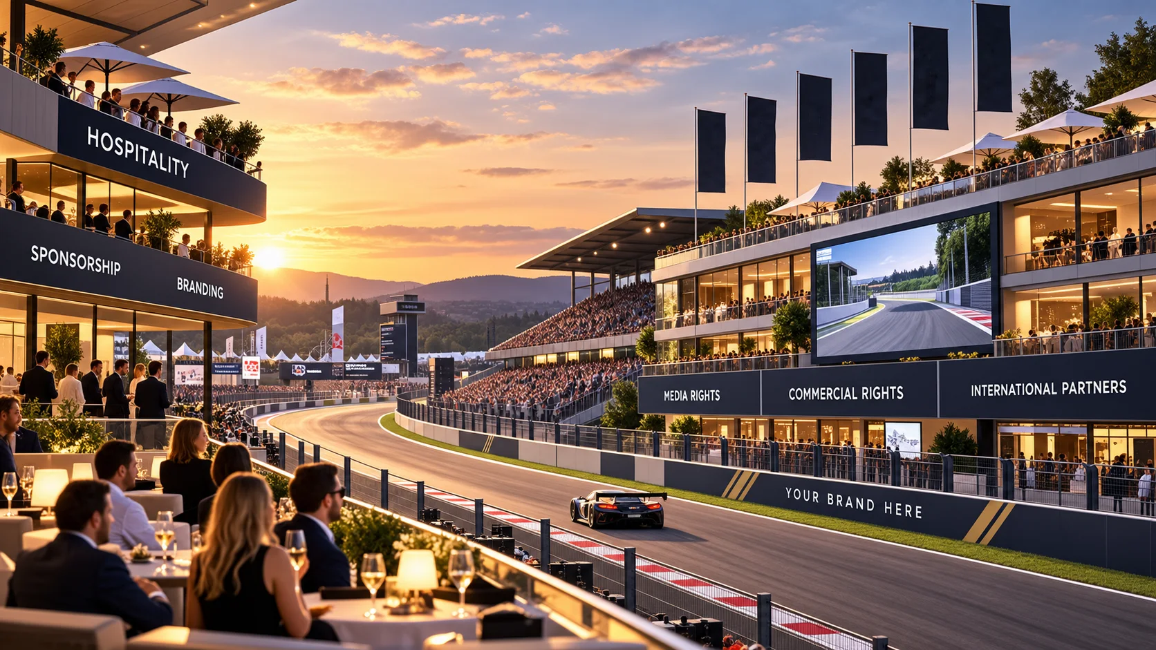 Illustration: hospitality terraces, grandstands and branding along a race track at sunset