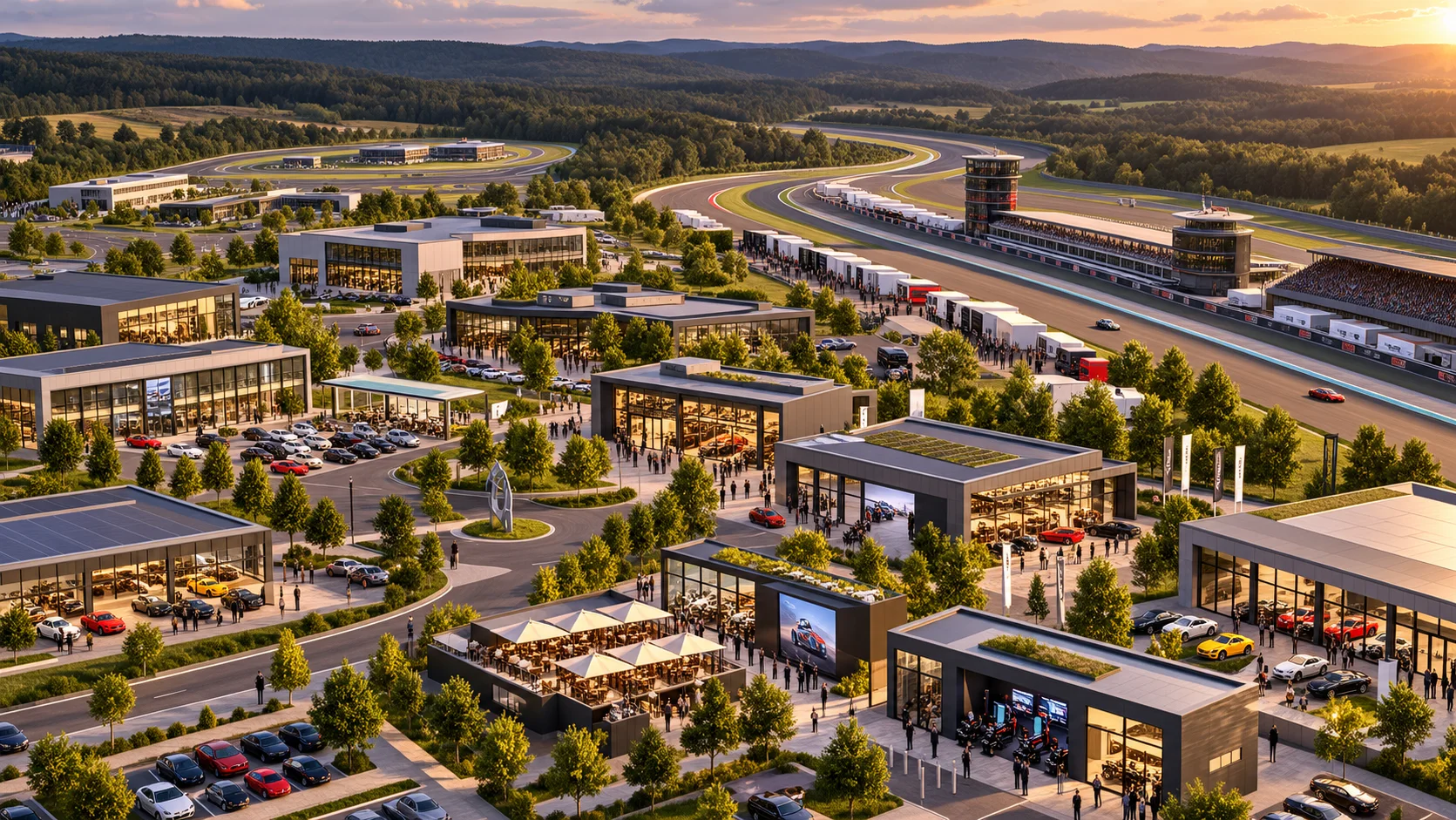 Illustration: motorsport district with showrooms, workshops, restaurant and business park next to a race circuit